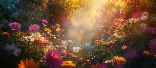 Vibrant meadow scene with colorful wildflowers in various positions, golden sunlight filtering through trees, creating a dreamy atmosphere.