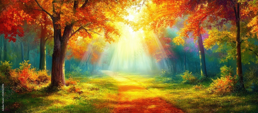 Poster vibrant autumn forest scene with golden sunlight filtering through colorful foliage casting long sha