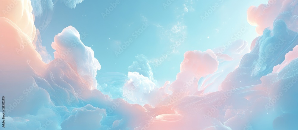 Poster serene abstract wallpaper featuring a gentle blue sky with soft light clouds in pastel pink and whit