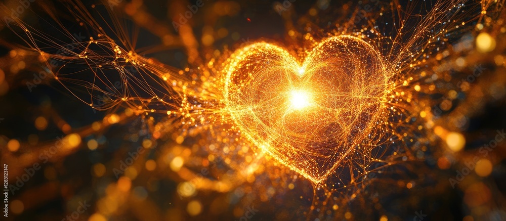 Aufkleber Radiant heart shape glowing with golden light at center surrounded by interconnected shimmering lines and dots on a dark background