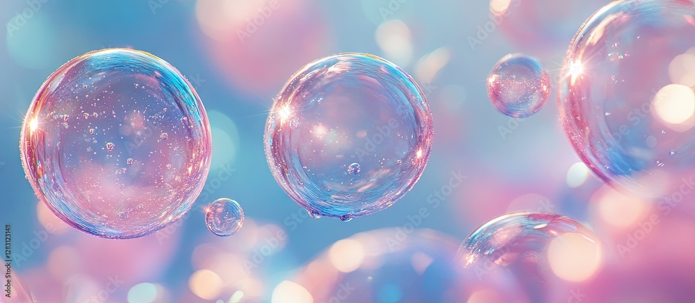Aufkleber dreamlike cosmic scene with soft swirling pink and blue sparkling particles and shimmering water dro