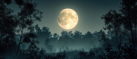 Fototapeta premium Full moon with a bright glow illuminates a dark forest silhouette against a deep blue night sky creating a serene and mystical atmosphere.