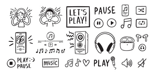 Fototapeta premium Audio music listening concept sound doodle hand drawn icon Set. Headphones interface buttons musical notes