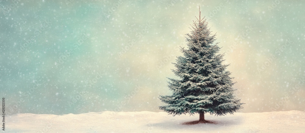 Poster snow-covered evergreen tree in a serene winter landscape, centrally positioned against a soft blue-g