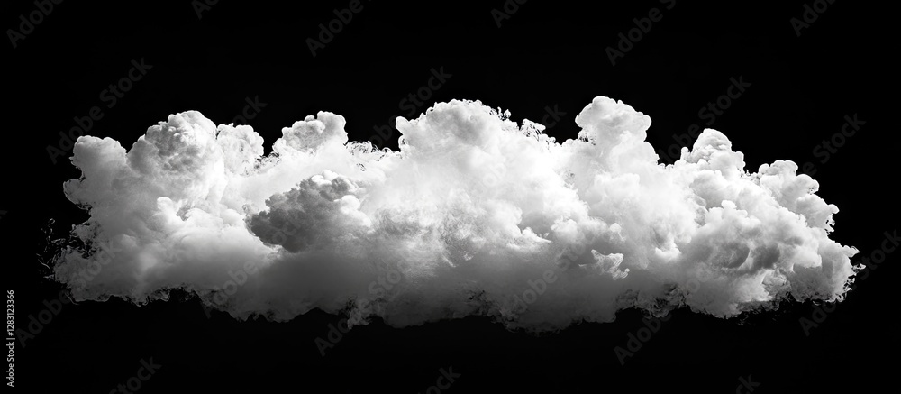 Poster Fluffy white cloud floating in a deep black background, highlighting the soft textures and contrasting colors for a dramatic visual effect.