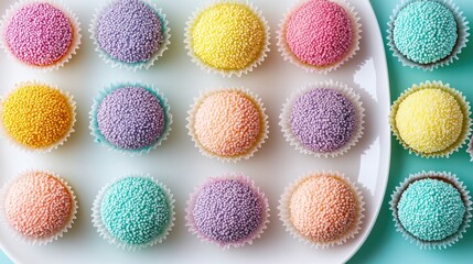 Fototapeta premium Overhead view of soft and fluffy Thai steamed cupcakes, colorful and vibrant, arranged neatly on a white plate.