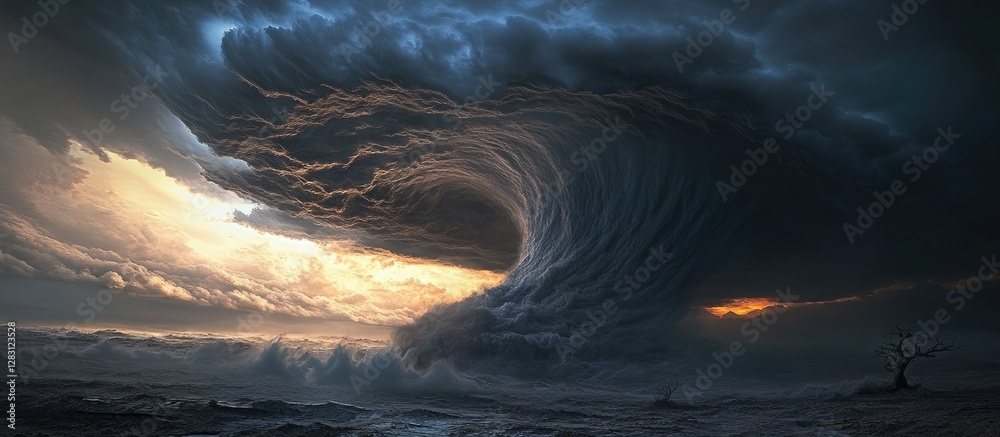 Poster majestic dark ocean wave crashing under stormy clouds with vibrant orange light breaking through on 