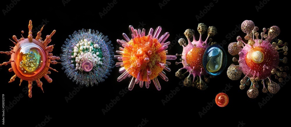 Poster colorful abstract representations of viruses on a black background showcasing detailed textures and 