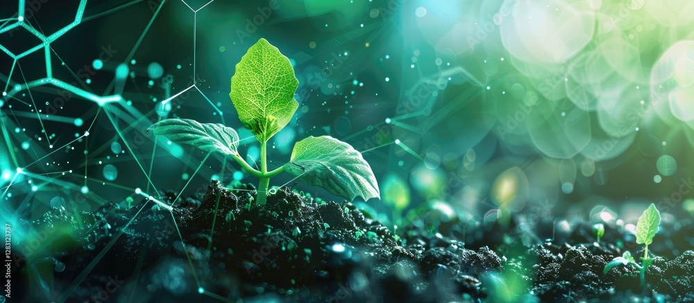 Aufkleber vibrant green sprout emerging from rich soil with scientific hexagonal overlay set against a blurred