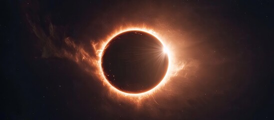 Obraz premium Eclipsed sun radiates golden light against a dark universe backdrop with swirling clouds emphasizing the majesty of outer space and astronomy.