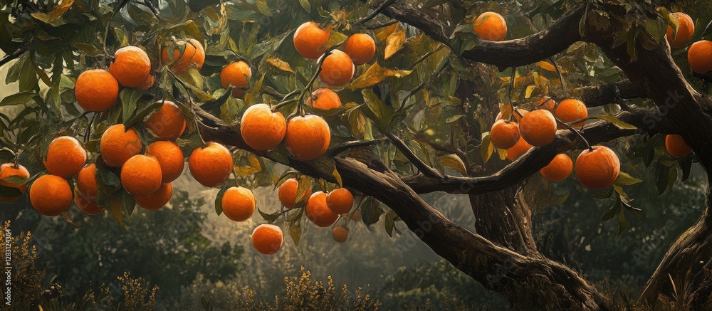 Poster ripe orange fruits adorn a lush persimmon tree branches in warm earthy tones with a soft blurred bac