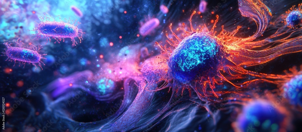 Poster Colorful abstract representation of bacteria in vivid blues and purples with intricate orange and pink details against a dark background.
