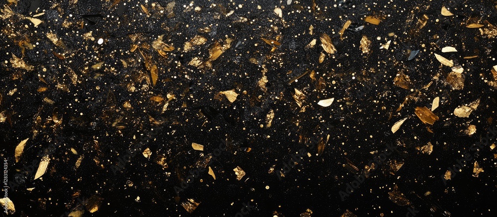 Aufkleber Black background with scattered golden flakes creating a shimmering effect, ideal for luxury and celebration themes. Sparkling gold on dark canvas.