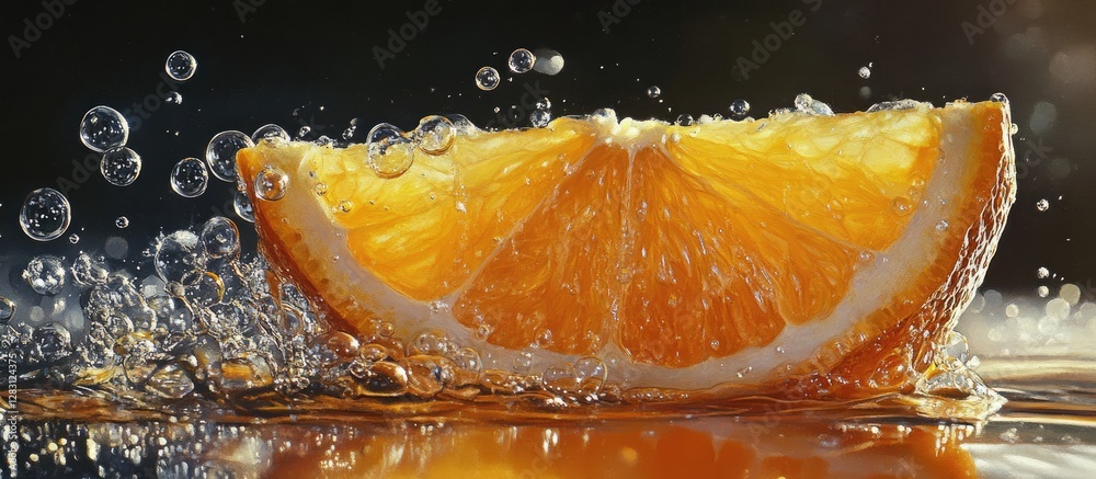 Poster refreshing orange wedge submerged in sparkling water with bubbles, vibrant orange slice centered, da