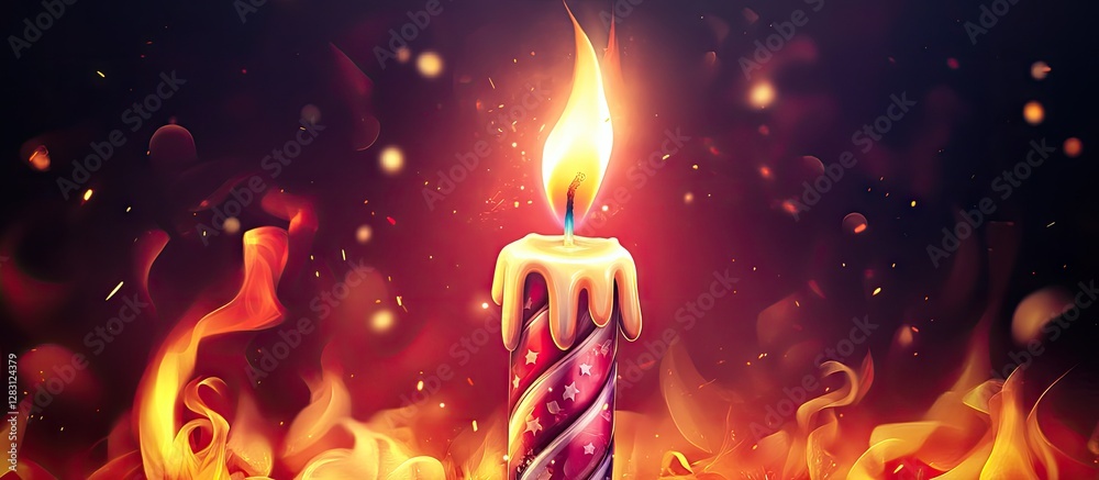 Aufkleber colorful birthday candle with a bright flame centered on a dark background, surrounded by soft flick