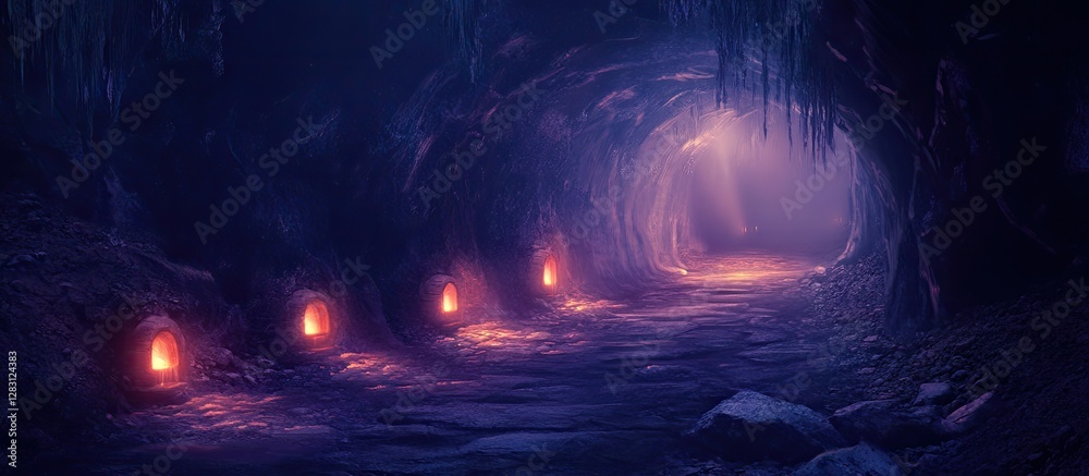 Aufkleber Dimly lit underground passage with flickering orange lights along the left side and shadows creating a mysterious atmosphere in shades of blue and purple
