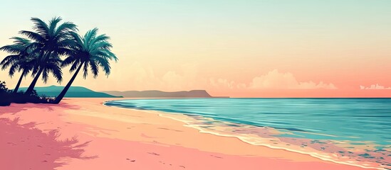 Fototapeta premium Tropical beach scene at sunset with pink and blue hues, palm trees on left, gentle waves, and distant mountains creating a serene atmosphere.