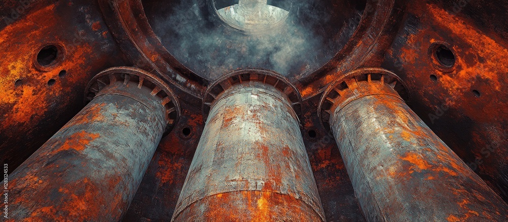 Poster close-up view from beneath a rusted metal furnace with three towering pillars and cooling tanks, fea