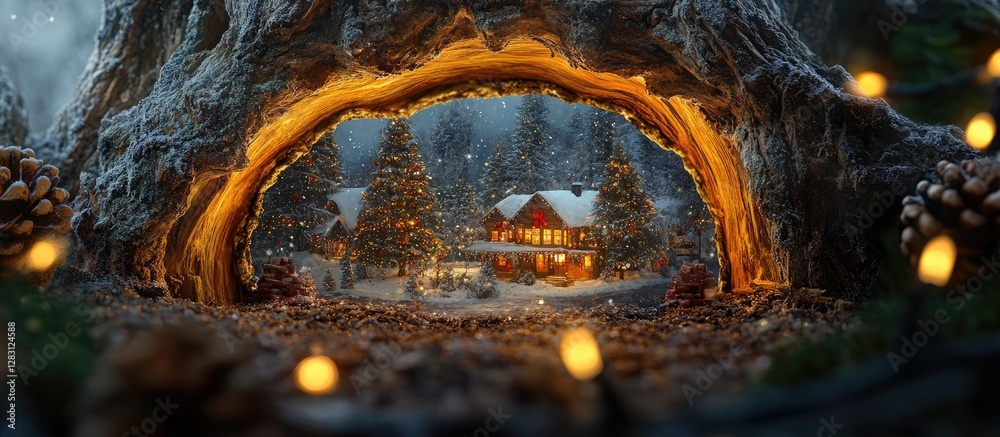 Poster wooden tree trunk frame with warm golden glow surrounding a cozy festive cabin and snowy pine trees,