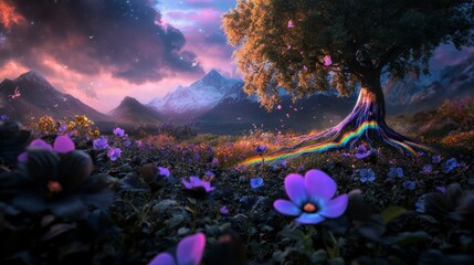 Rainbow-rooted tree flourishing in a field of intricate black flowers, vibrant colors contrasting against dark petals.