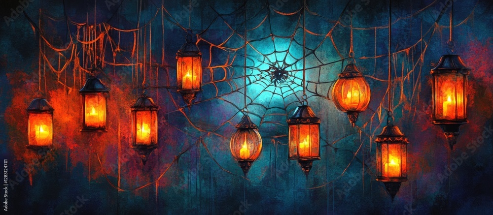 Poster vibrant blue and orange lanterns hang against a dark web background, creating a festive, illuminated