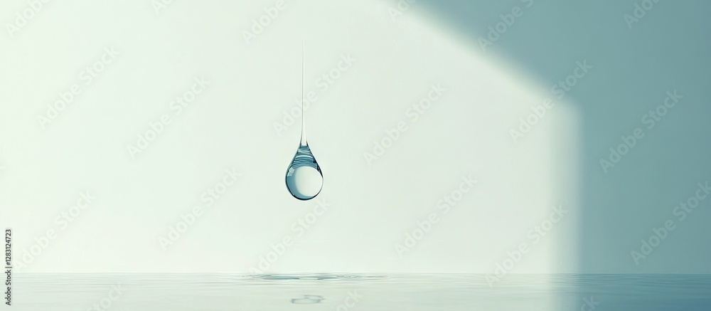 Poster droplet of water suspended in mid-air against a soft white background with gentle shadows creating a