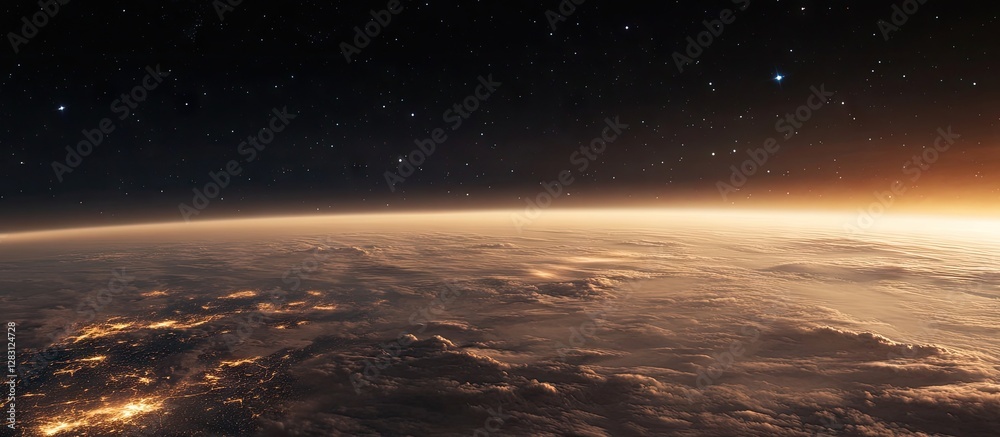 Poster expansive view of earth from space at dawn with warm orange and cool blue tones highlighting clouds 