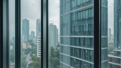 Fototapeta premium Rain droplets on glass window with urban city skyline blurred in background during overcast weather. Modern buildings visible through wet glass.