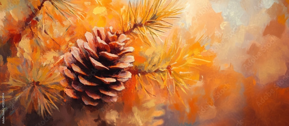 Poster autumn scene with vibrant orange and golden hues background highlighting a pine cone and coniferous 