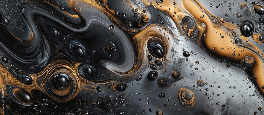 Poster Liquid patterns in gold and black swirling elegantly across a dark surface with intricate details and calm droplets enhancing the abstract beauty.
