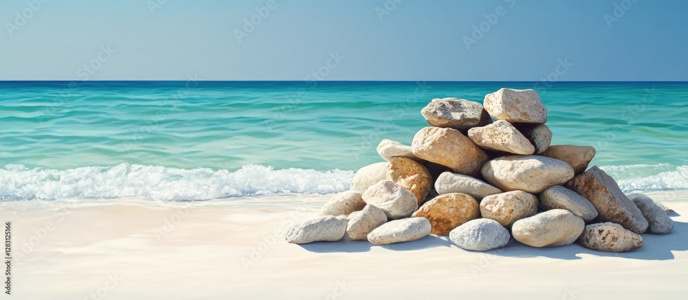 Poster serene sandy beach with a pile of smooth stones in foreground against a backdrop of transparent turq