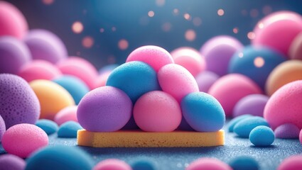 Colorful sponge balls arranged in a pyramid on a textured surface surrounded by similar shapes with a blurred background