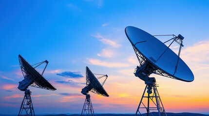 Three large satellite dishes are silhouetted against a vibrant sunset sky, highlighting technology and communication.