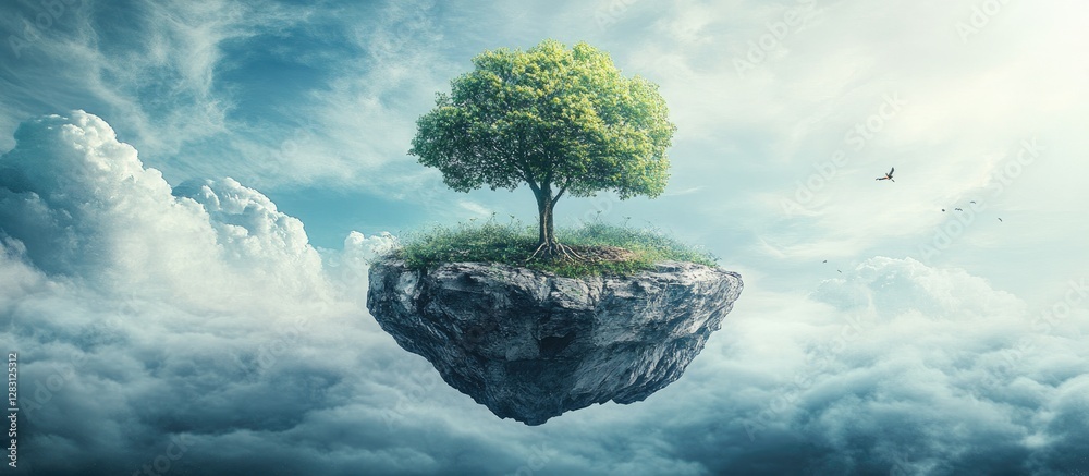 Poster floating lush green tree on an island in a bright sky with soft blue and white clouds surrounding it