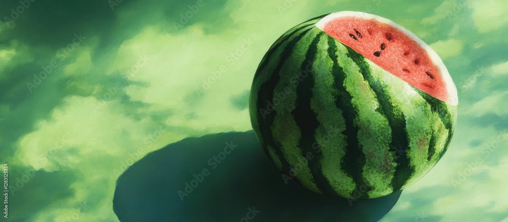 Poster vibrant green backdrop with a prominently featured half watermelon showcasing red flesh and seeds ca