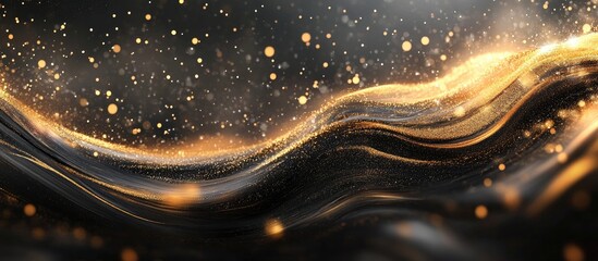Abstract golden waves on a dark background with shimmering particles flowing across the image, conveying a sense of elegance and motion.