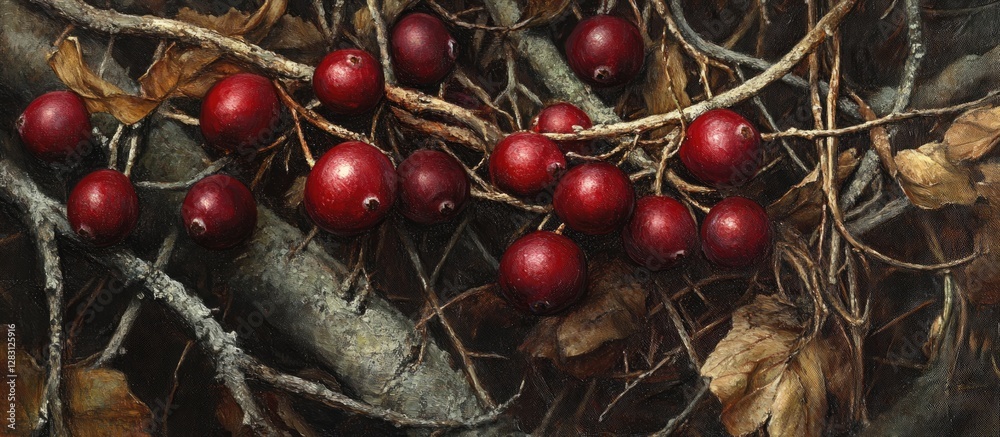 Poster Close up of ripe cranberries in rich red tones intertwined with dry branches and leaves on a textured background highlighting natural autumn elements