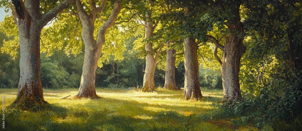 Poster Lush landscape featuring tall beech trees with vibrant green foliage illuminated by dappled sunlight creating a serene, enchanting atmosphere