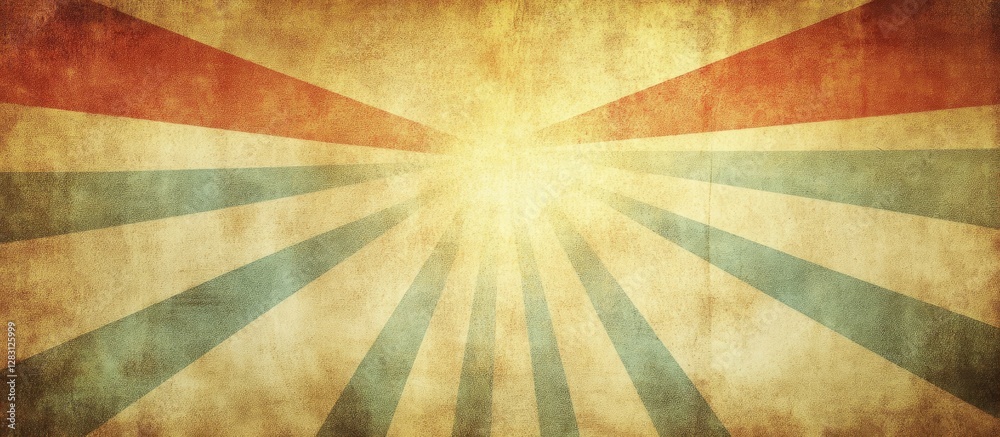 Poster retro sunburst design with vibrant red and blue rays against a textured beige grunge background, cre