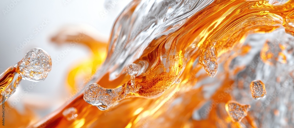 Aufkleber Fluid motion of amber-colored liquid with splashes and bubbles on a white background, creating a dynamic and vibrant visual effect.