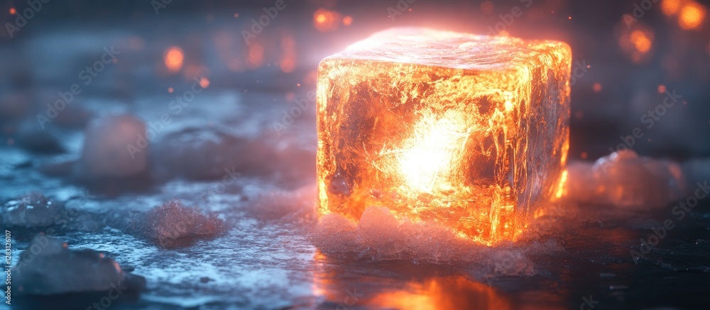 Leinwandbilder Illuminated ice cube with glowing orange core surrounded by shimmering ice on dark reflective surface creating a mystical and dramatic atmosphere.