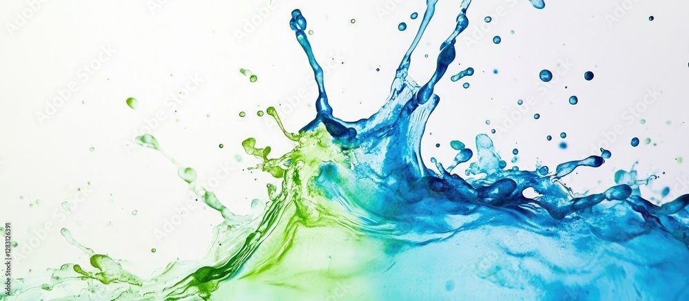 Aufkleber Vibrant blue and green water splash on a white background with dynamic fluid shapes and droplets creating a refreshing and energetic visual effect.