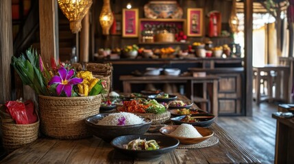 Fototapeta premium Rustic wooden table set with Northern Thai dishes, sticky rice, and traditional woven baskets for an authentic dining experience.
