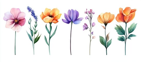 Obraz premium A vibrant array of watercolor flowers featuring pink, purple, and orange blooms arranged vertically on a white background.