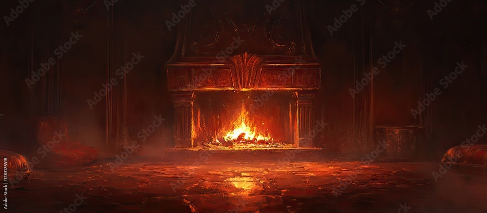 Poster warm and inviting abstract fireplace with flickering orange flames and a dark wood mantel creating a