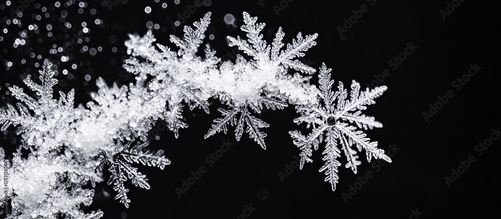 Aufkleber Black background featuring intricate white snowflake textures overlaying the image, with snowflakes positioned in a delicate arc shape.