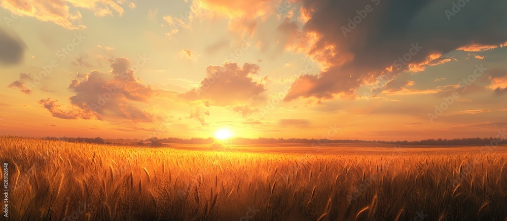 Poster Panoramic view of a golden wheat field at sunset with warm orange and yellow hues softly glowing amidst scattered clouds and bokeh background effects