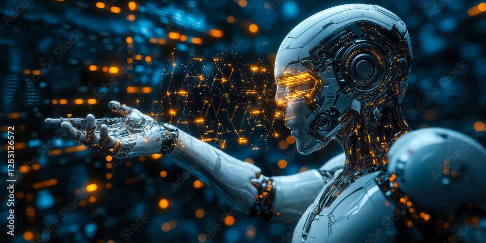 Poster futuristic ai robot analyzing data in digital space represents automation and enhanced mortgage tech