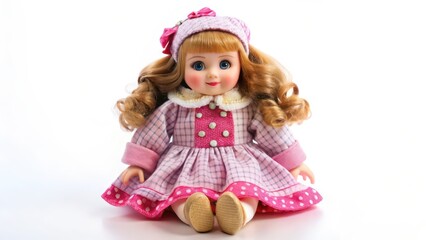 Fototapeta premium Porcelain Doll, Pink Dress, White Background