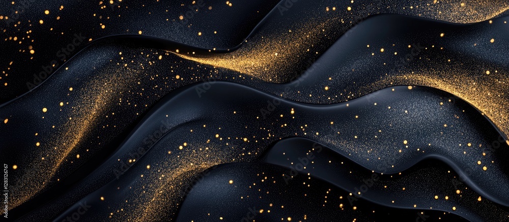 Poster elegant black fabric with flowing waves and scattered gold glitter accents creates a luxurious and s